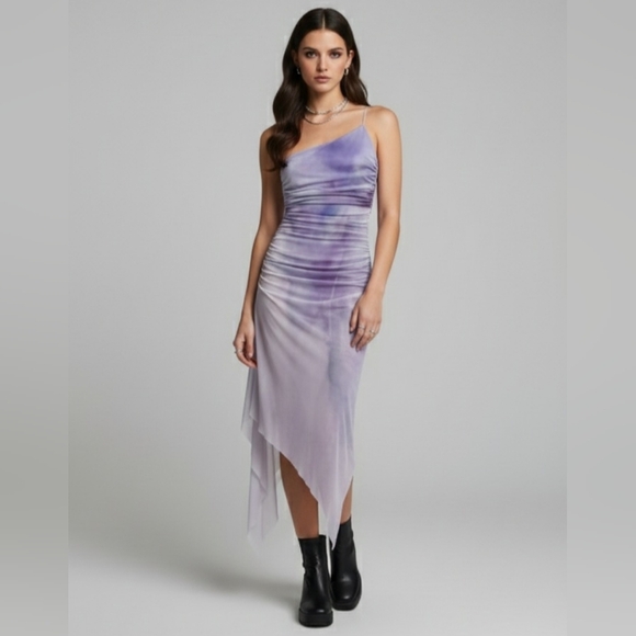 Zara Dresses & Skirts - Zara Purple Ombré Ruched Mesh Asymmetrical Dress L Y2K